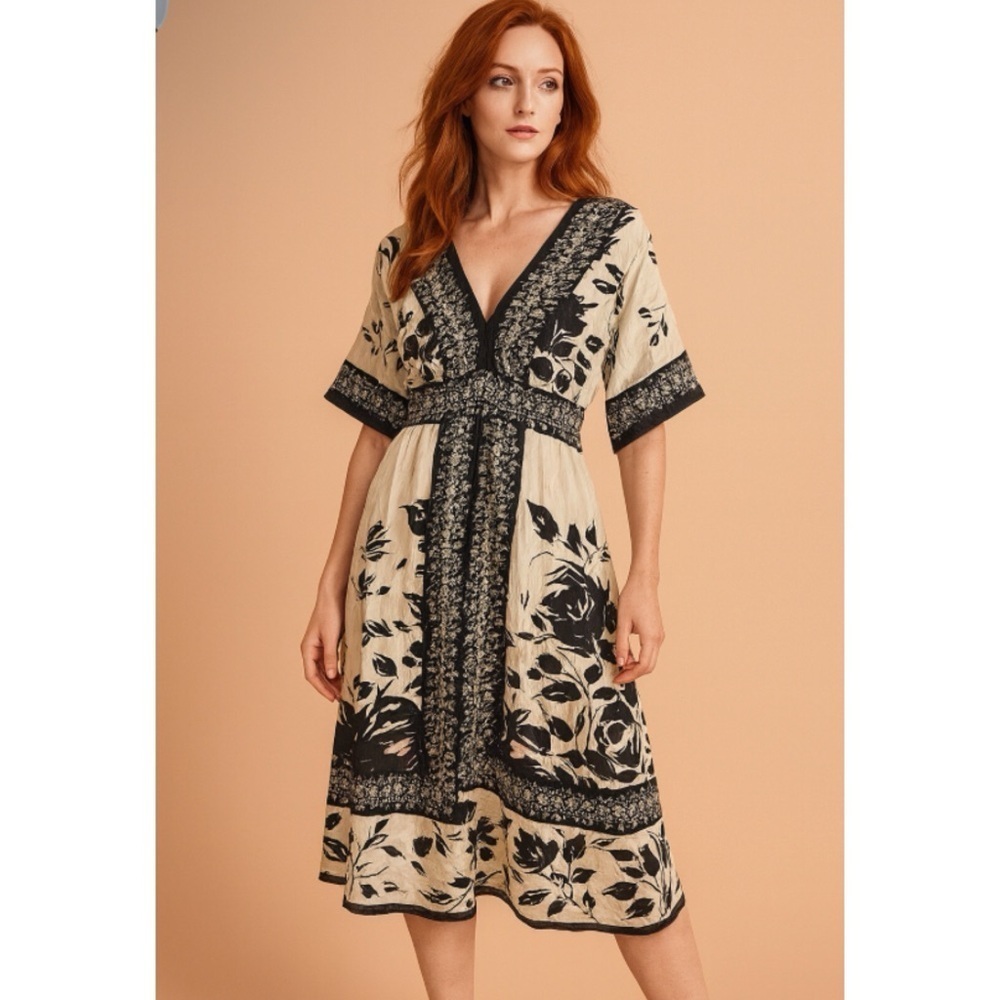 Lynn Ritchie Silver Silk Crinkle Floral Black Ivory Print Tie Back Dress Sz L
